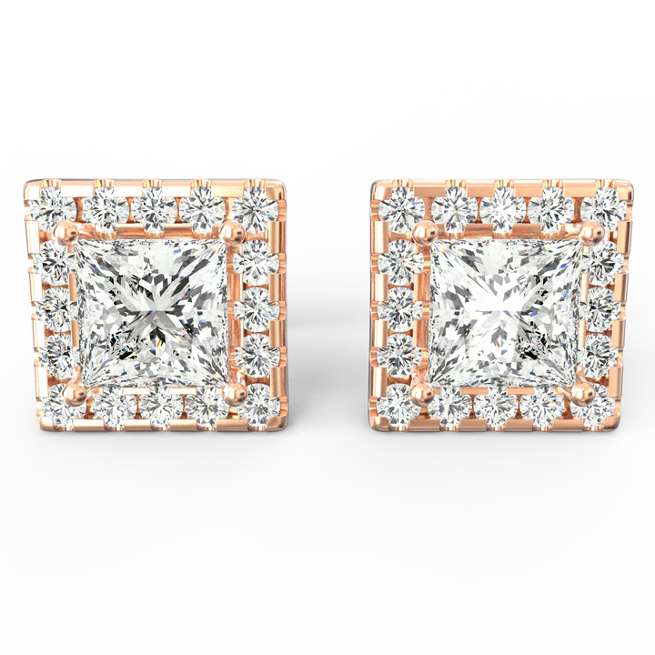 Radiant Halo - Princess Cut Solitaire Diamond Stud Earrings