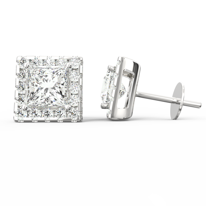 Radiant Halo - Princess Cut Solitaire Diamond Stud Earrings