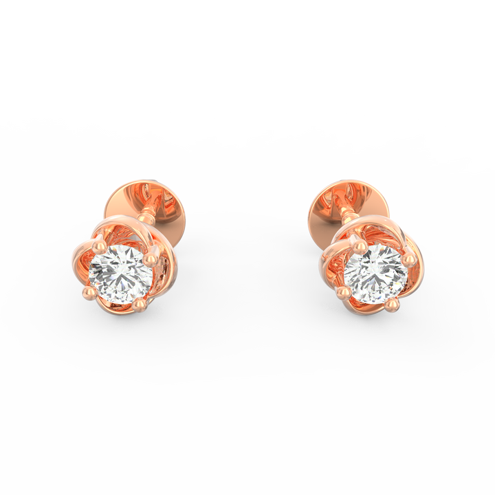 Nature's Elegance - Floral Accent Solitaire Round Diamond Ear Studs in Gold