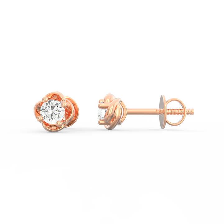 Nature's Elegance - Floral Accent Solitaire Round Diamond Ear Studs in Gold