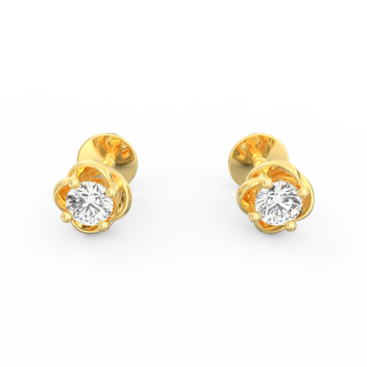 Nature's Elegance - Floral Accent Solitaire Round Diamond Ear Studs in Gold