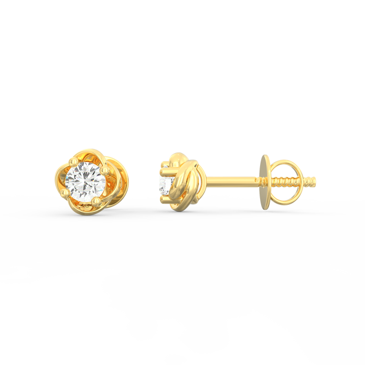 Nature's Elegance - Floral Accent Solitaire Round Diamond Ear Studs in Gold