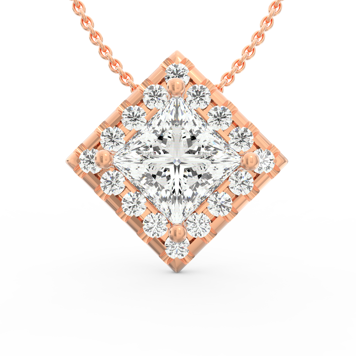 Regal Brilliance: Princess Cut Solitaire Diamond Pendant with Micropave Halo