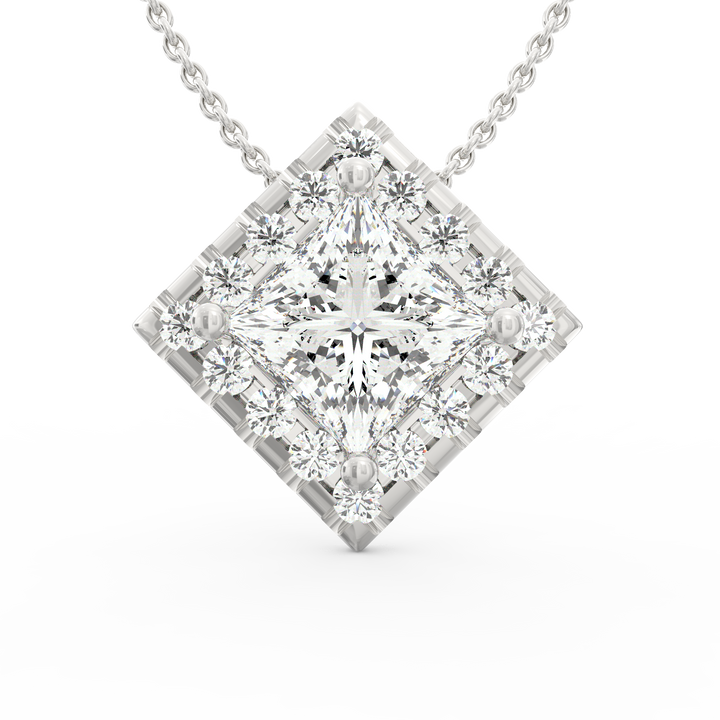Regal Brilliance: Princess Cut Solitaire Diamond Pendant with Micropave Halo