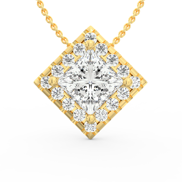 Regal Brilliance: Princess Cut Solitaire Diamond Pendant with Micropave Halo