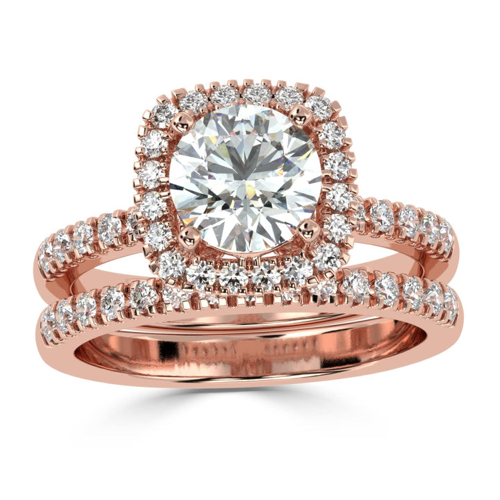 Eternal Brilliance: Round Solitaire Ring with Diamond Halo and Diamond-Studded Shank, paired with a Diamond Accent Band
