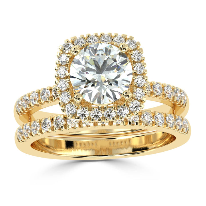 Eternal Brilliance: Round Solitaire Ring with Diamond Halo and Diamond-Studded Shank, paired with a Diamond Accent Band