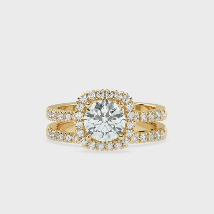 Eternal Brilliance: Round Solitaire Ring with Diamond Halo and Diamond-Studded Shank, paired with a Diamond Accent Band