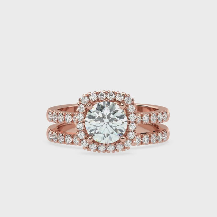 Eternal Brilliance: Round Solitaire Ring with Diamond Halo and Diamond-Studded Shank, paired with a Diamond Accent Band